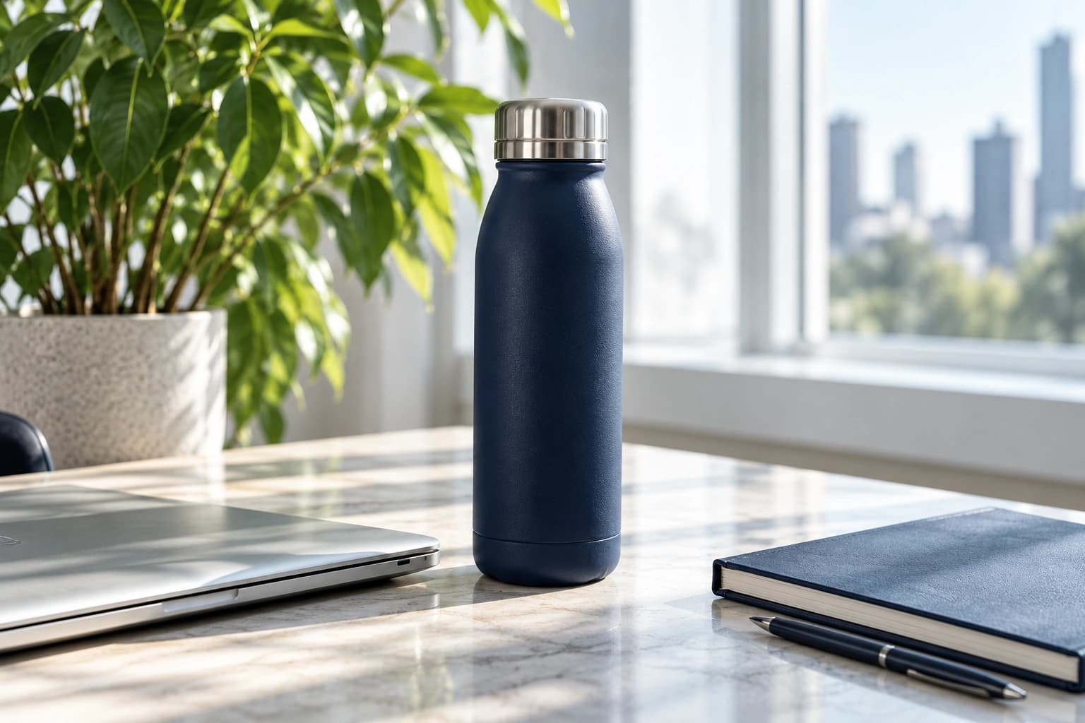 Reusable water bottle on desk representing sustainable environmental choices