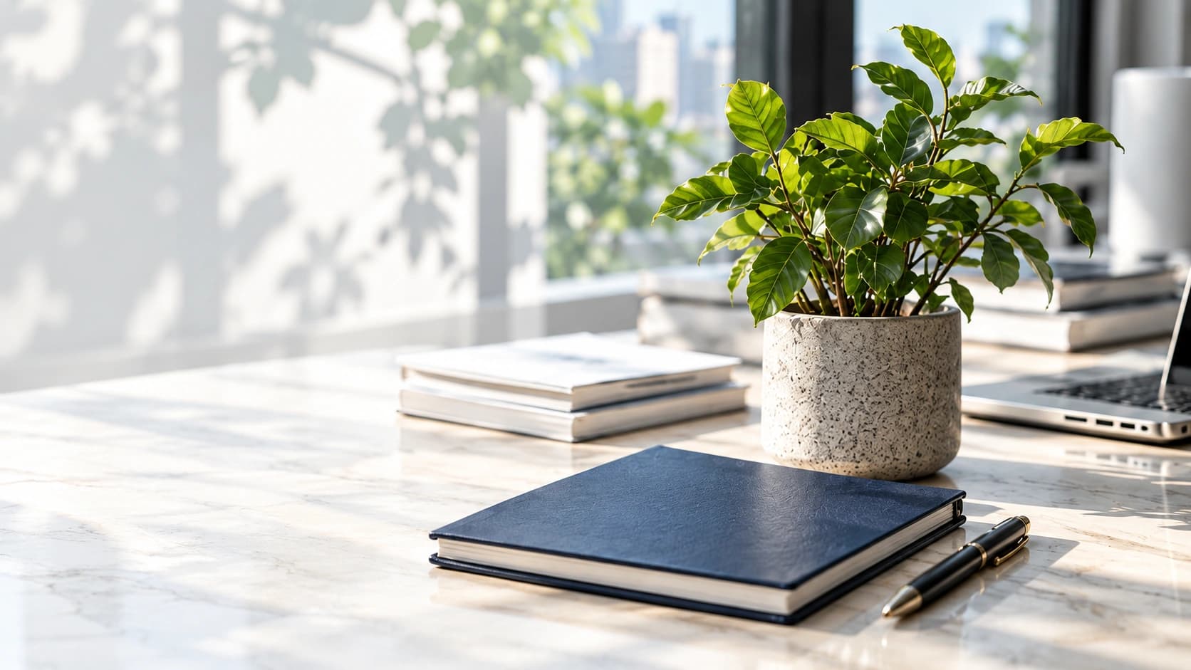 Green plant and Tax point notebook representing corporate social responsibility